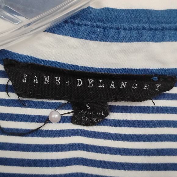 Jane + Delancey Button Down Shirt Small Striped Blue & White Roll Tab Sleeves - Picture 8 of 9